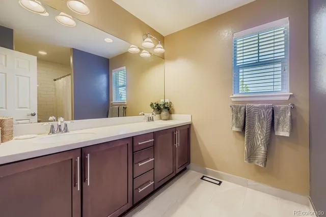 a bathroom with a double vanity sink a mirror and shower