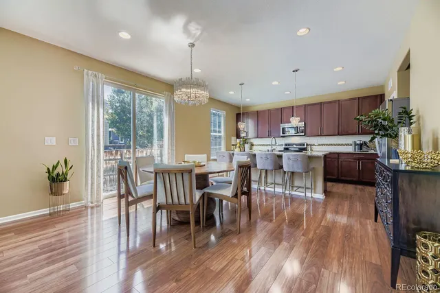 a view of a dining room with furniture window and wooden floor