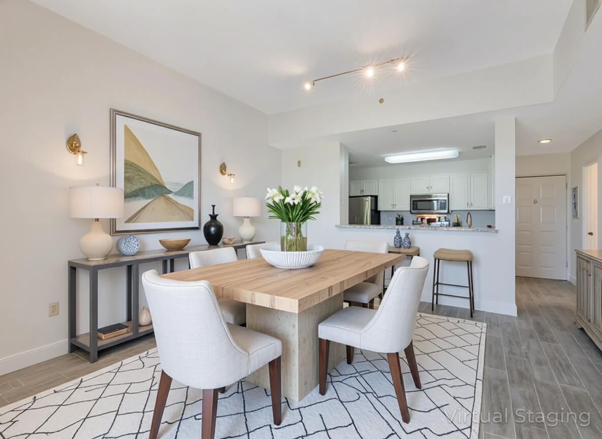 a view of a dining room with furniture