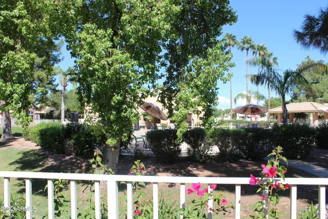a view of a balcony with flower plants