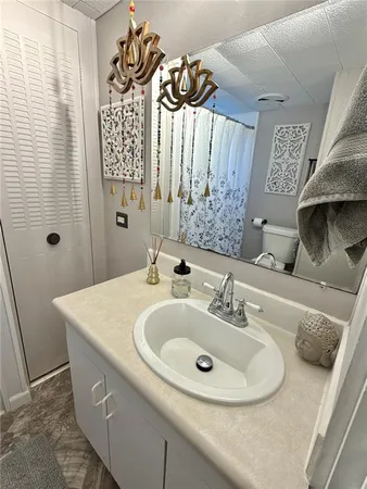 a bathroom with a sink and a mirror