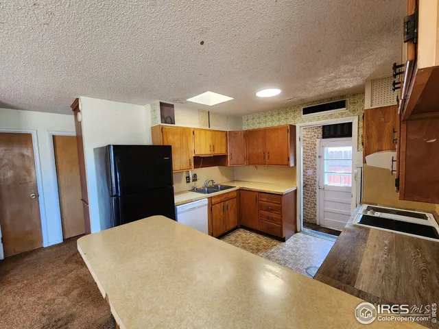 a kitchen with a refrigerator and a sink