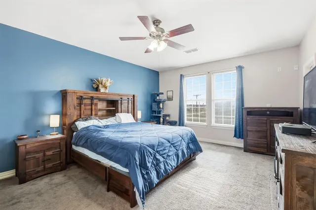 a bedroom with a bed and dresser