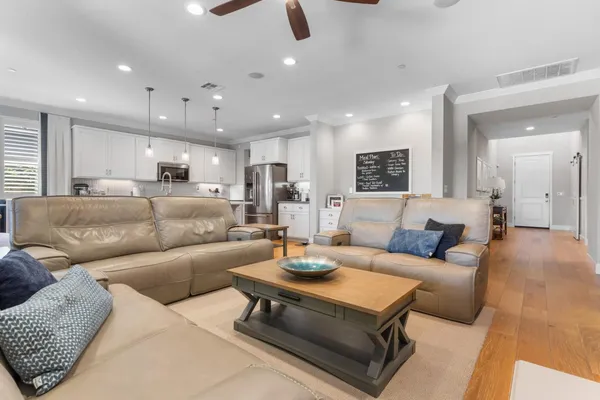 an aerial view of a house with outdoor space