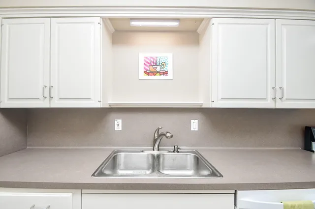 a close view of sink and cabinets