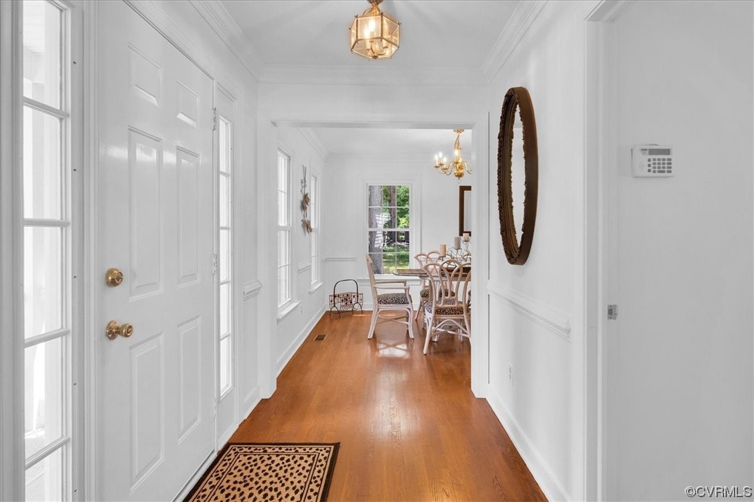Foyer entrance featuring a chandelier, hardwood flooring, and natural light