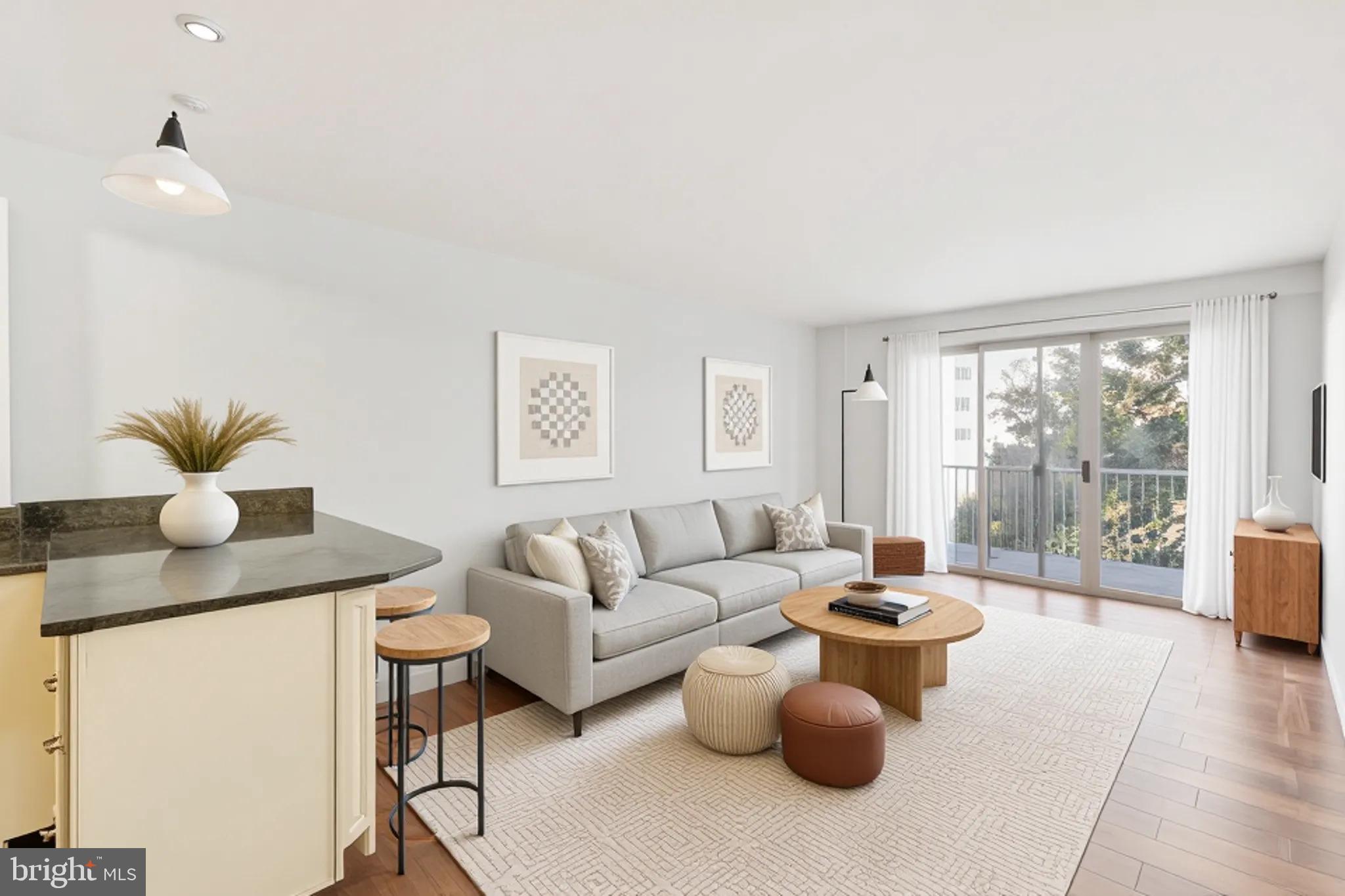 a living room with furniture a rug potted plant and a large window