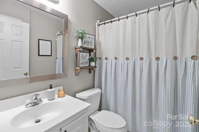 a bathroom with a sink a toilet and shower curtain