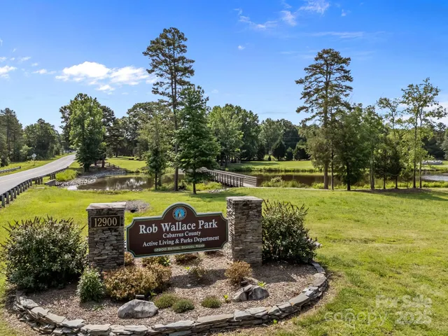 a view of a park with large trees