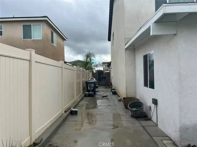 a view of a backyard with plants and large trees