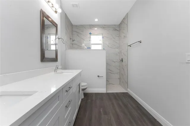 a bathroom with a sink a mirror and a toilet