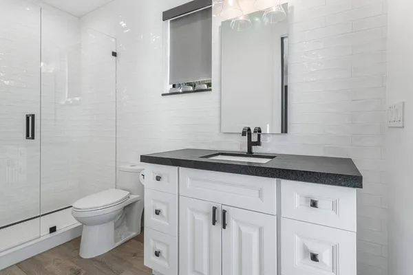 a bathroom with a sink a toilet and shower