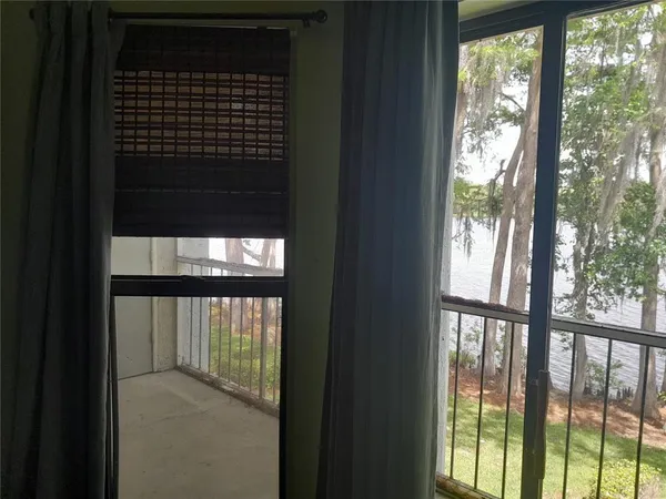 an empty room with a ceiling fan and potted plant