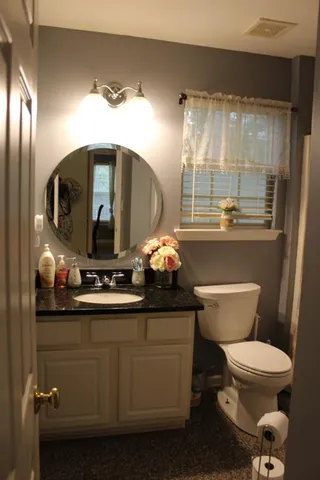 a bathroom with a toilet sink and mirror