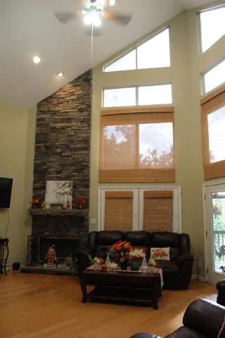 a living room with furniture window and a fireplace