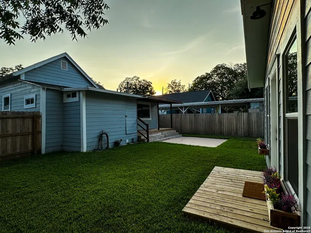 a view of a backyard with plants and large tree