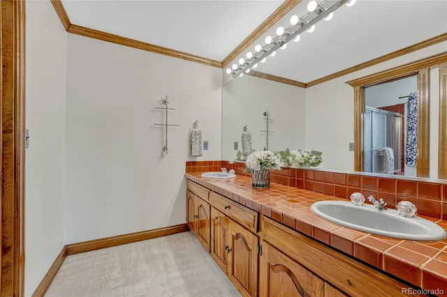a bathroom with a sink vanity and a mirror