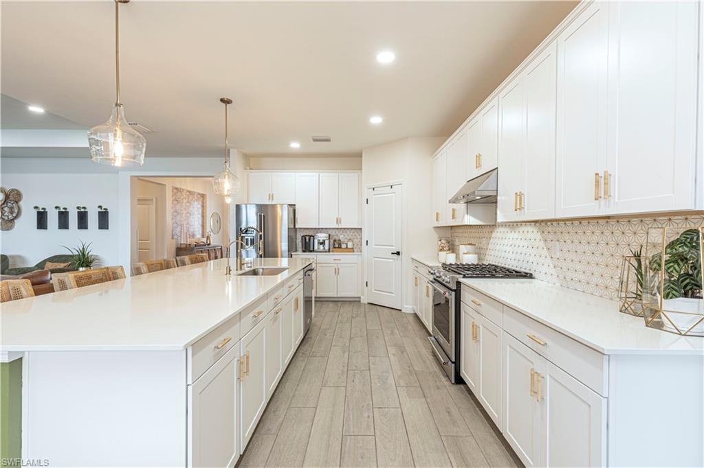 20278 Kingmont Drive Estero, FL 33928 - Photo 10 of 38 Kitchen with light wood-style flooring, white cabinets, under cabinet range hood, a sink, and stainless steel appliances