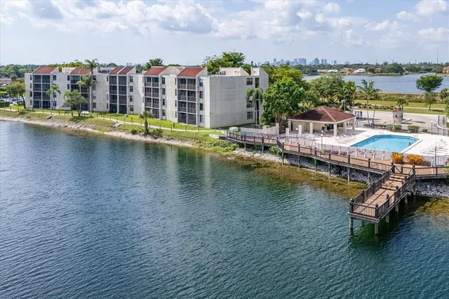 a view of a lake with a city