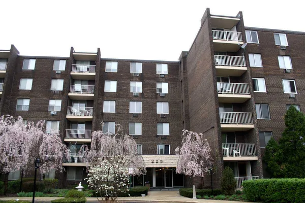 a front view of a multi story building