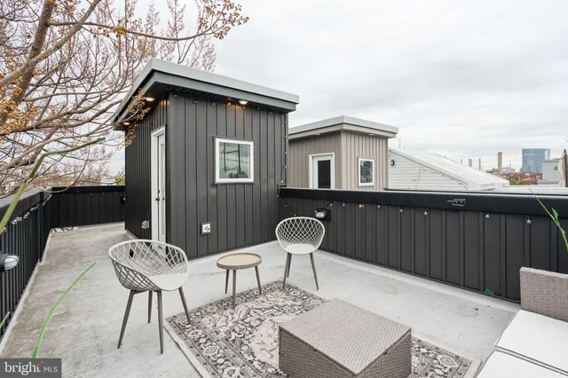 a backyard of a house with table and chairs