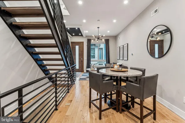 a view of a dining room with furniture and wooden floor