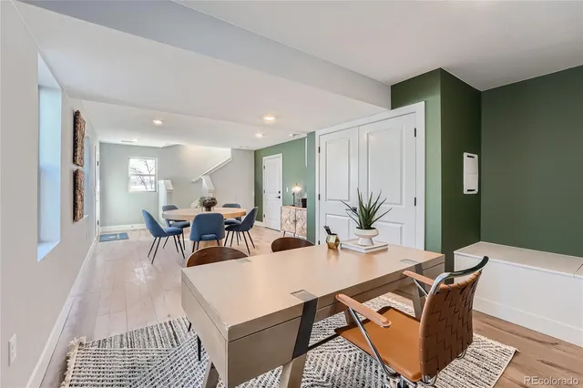 a view of a dining room with furniture
