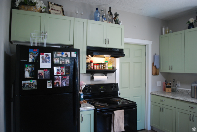116 North 3rd Street Tooele, UT 84074 - Photo 12 of 45 Kitchen featuring light green cabinetry, black range, and light gray countertops