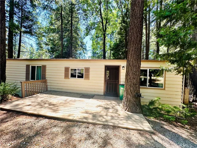 a backyard of a house with potted plants and large tree