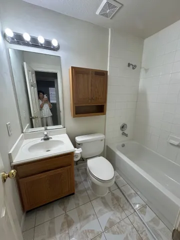 a bathroom with a sink toilet a mirror and bathtub