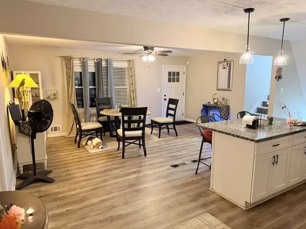 a view of dining room and livingroom with furniture wooden floor a rug a painting and a chandelier