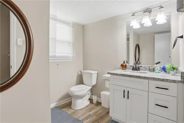 a bathroom with a toilet a sink and a mirror