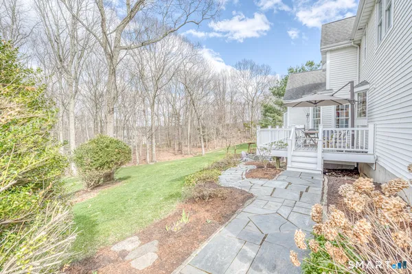 a garden view with a seating space