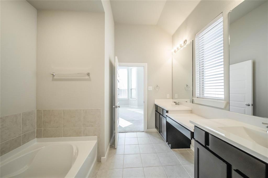 1113 Sheldon Drive Anna, TX 75409 - Photo 28 of 35 a bathroom with a granite countertop sink a bathtub and a shower