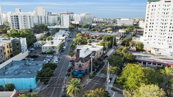 a view of a city with tall buildings