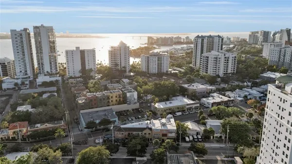 a view of a city with tall buildings