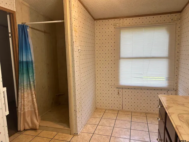 a bathroom with a shower and a sink