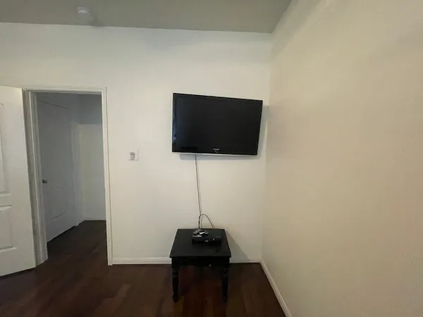 a room with a flat screen tv and a potted plant