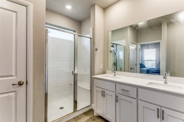 a bathroom with a shower sink and mirror