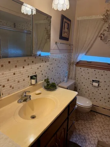 a bathroom with a sink a toilet and mirror