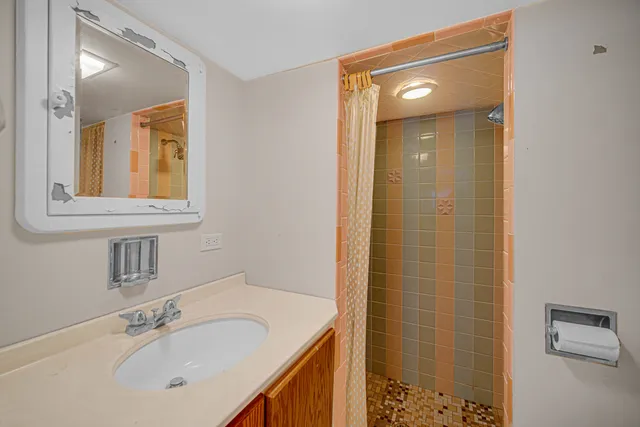 a bathroom with a shower sink and mirror