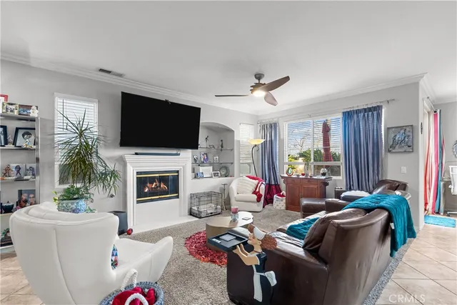 a living room with furniture a fireplace and a flat screen tv