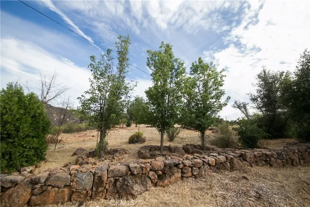 a view of a yard with wooden fence