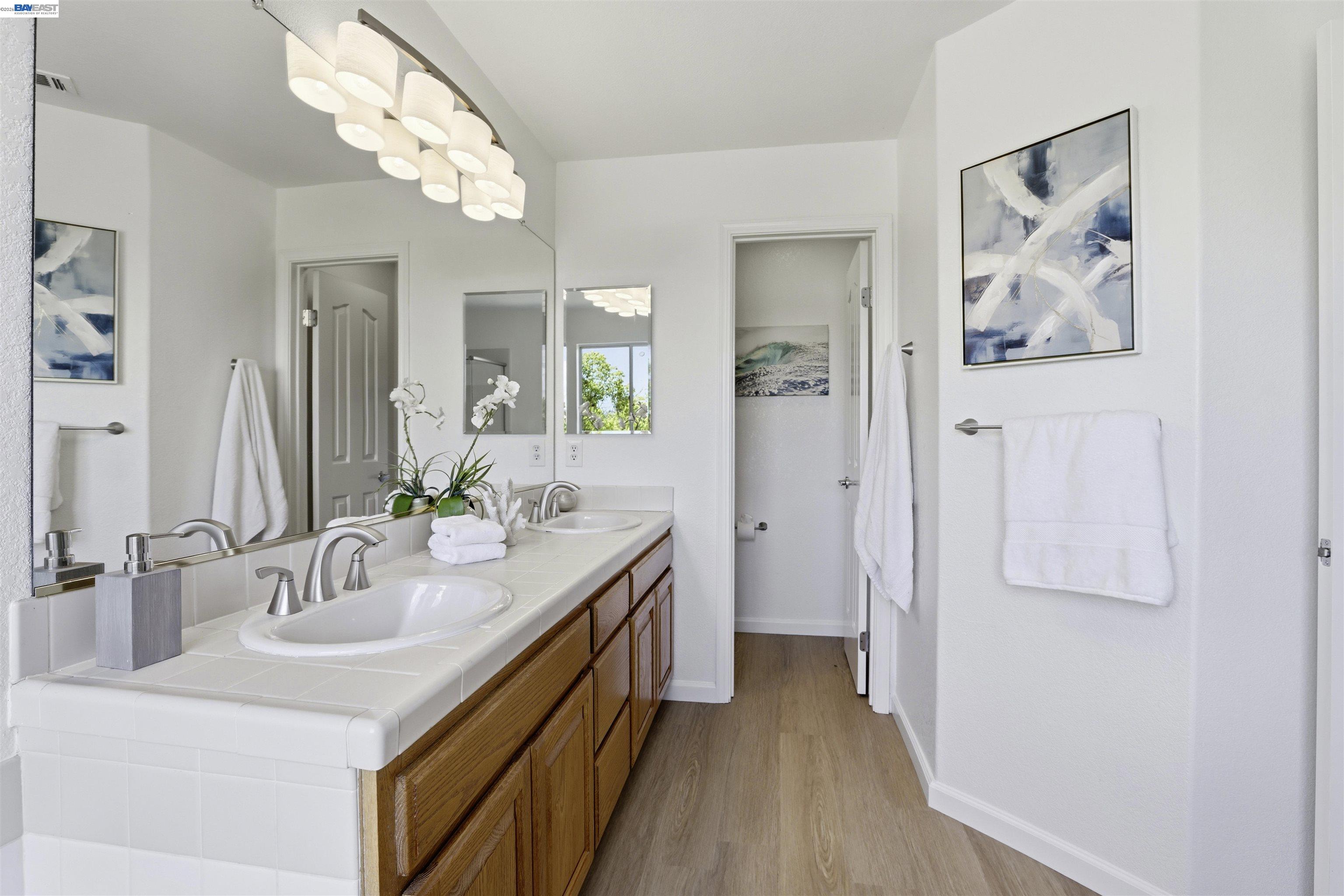 4161 Garibaldi Place Pleasanton, CA 94566 - Photo 28 of 47 a bathroom with a sink a vanity and a mirror