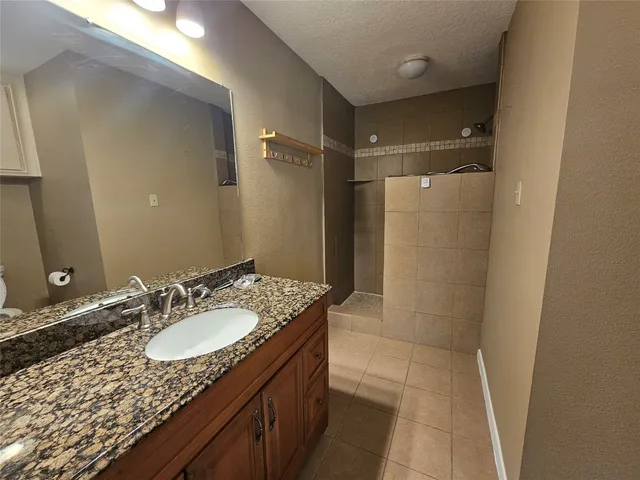 a bathroom with a granite countertop sink a mirror and shower
