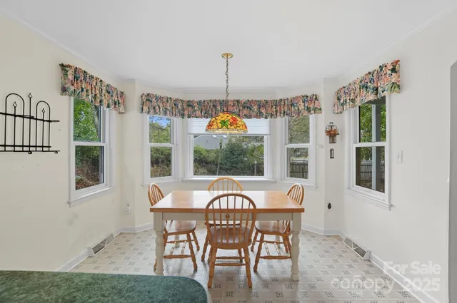 a view of a dining room with furniture window and outside view