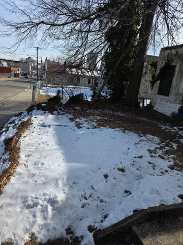 a view of a backyard with large trees