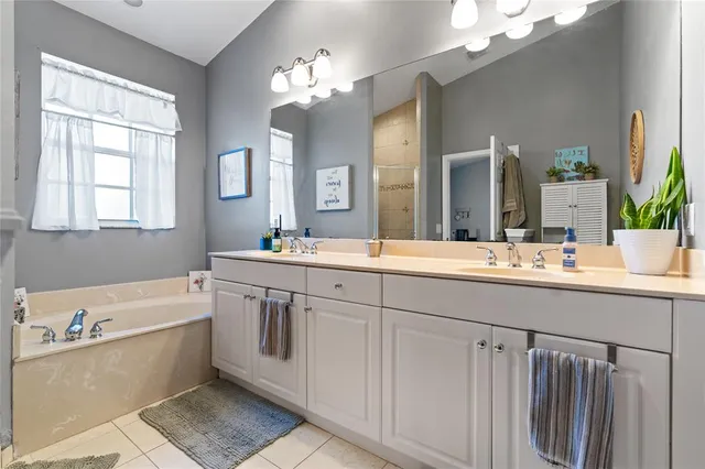 a bathroom with a sink a large mirror and a bathtub with view of mirror