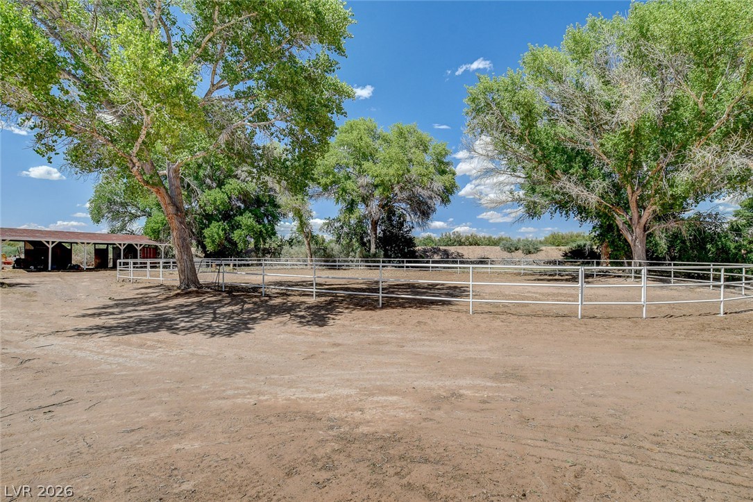 1950 Bowman Road Logandale, NV 89021 - Photo 56 of 81 A spacious, fenced equestrian area awaits with an adjacent open-air stable under mature trees.