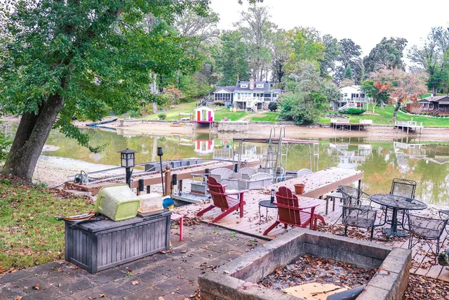 an outdoor space with furniture